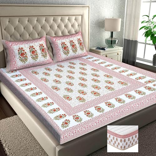 Image of RajasthaniKart Pure Cotton 144 TC Printed Double /Queen Bed Elastic Fitted Bedsheet with 2 Pillow Covers - All Around Elastic | 60 inchx78 inch, Fits Up to 8 inch Mattress | Jaipuri Print, 5293