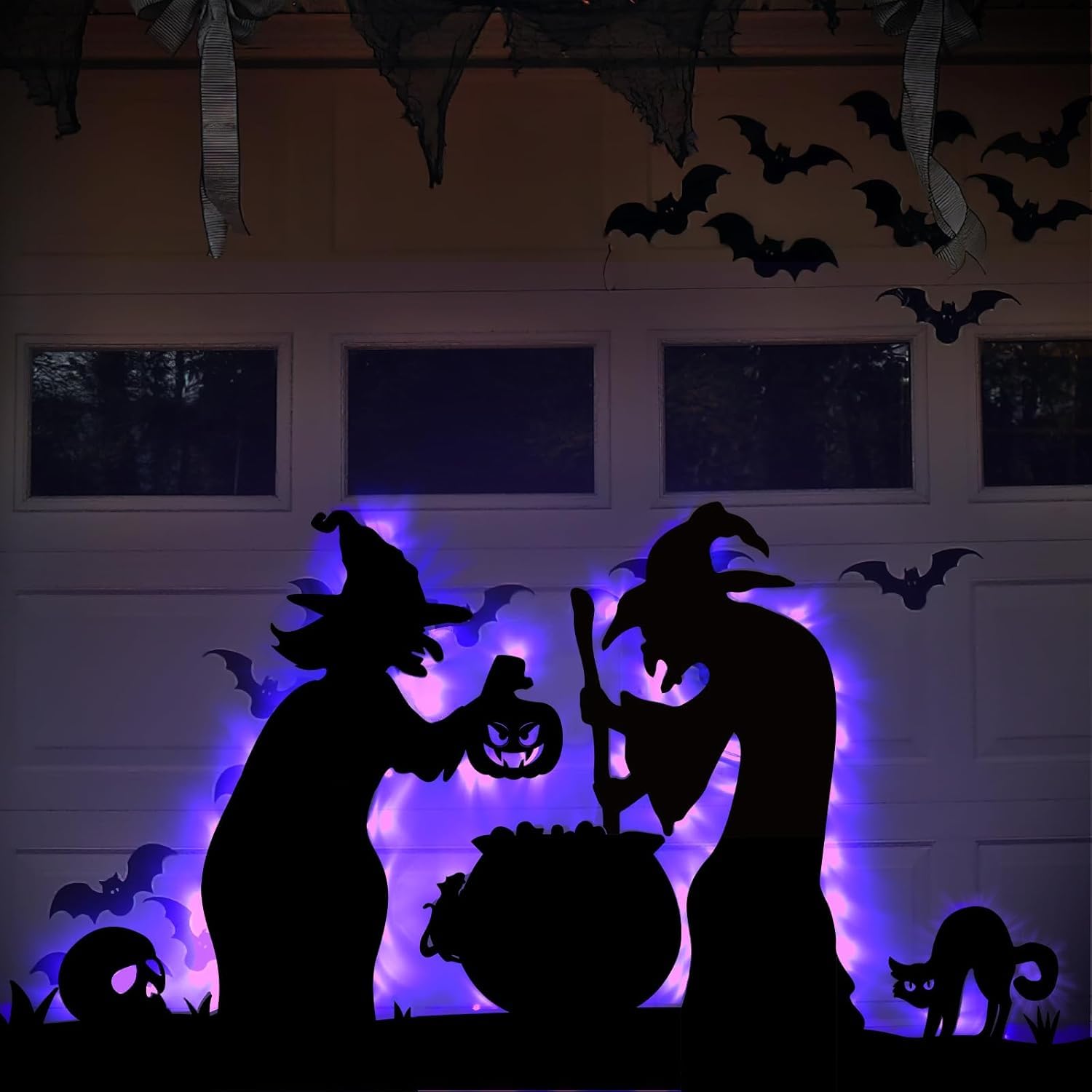 Decoración de Halloween 2 Brujas Negras Grandes con Caldero para Jardín Exterior