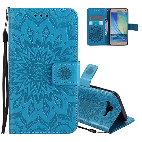 EMAXELERS Funda Samsung A5 2015 Premium PU Cuero Cartera para Tarjetas y Cierre Magnetico Soporte Plegable Funda para Samsung Galaxy A5 2015 Blue Left and Right Sunflower