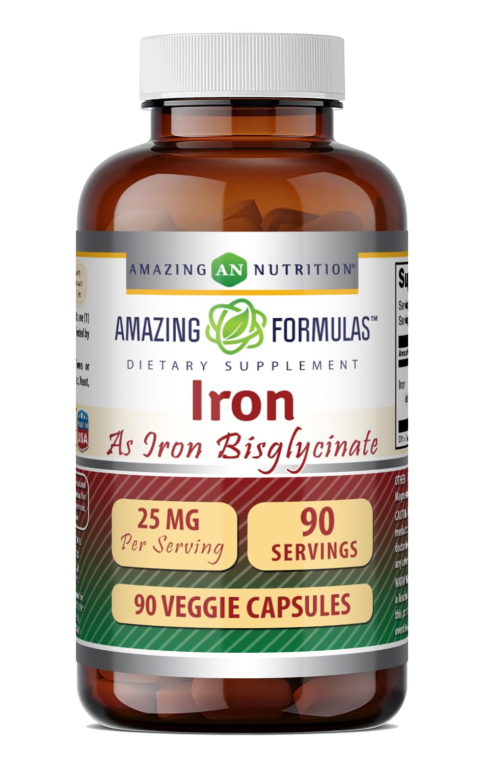 Amazing Formulas Iron as Iron Bisglycinate 25 Mg | Veggie Capsules Supplement | Non-GMO | Gluten-Free | Made in USA (1 Pack | 90 Count)