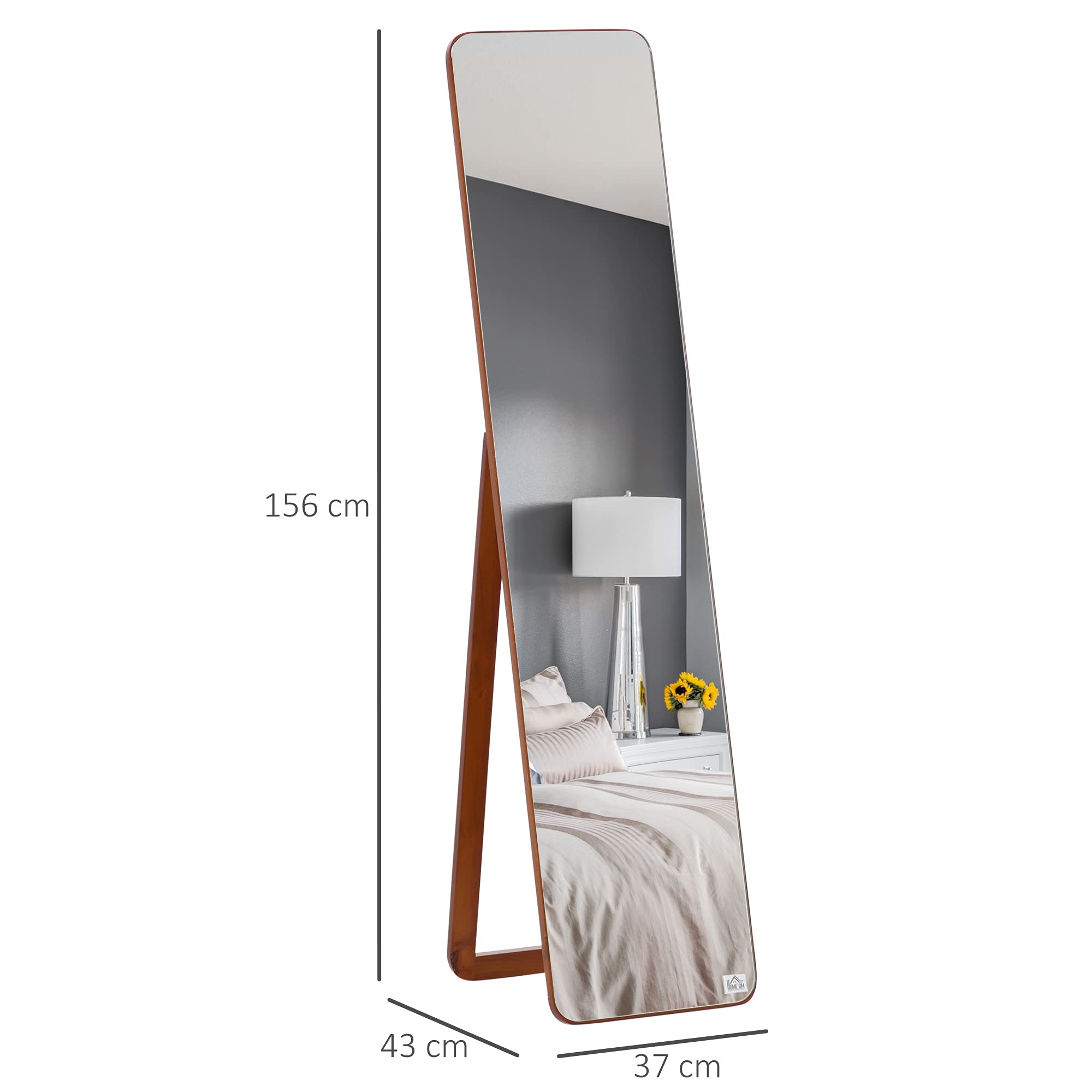 HOMCOM Specchio da Terra e da Parete con Struttura in Legno, Supporto Pieghevole con Cerniera, 37x43x156cm, Noce Chiaro