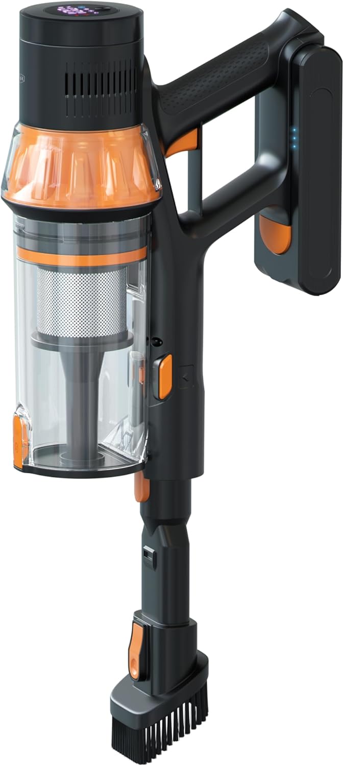 Close-up of the main vacuum unit with dustbin and handle