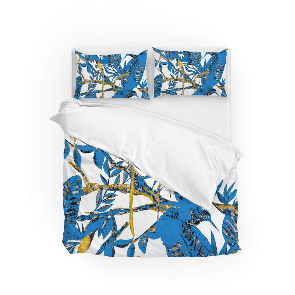 Funda de edredón de colibrí y plantas para cama de matrimonio de 3 piezas
