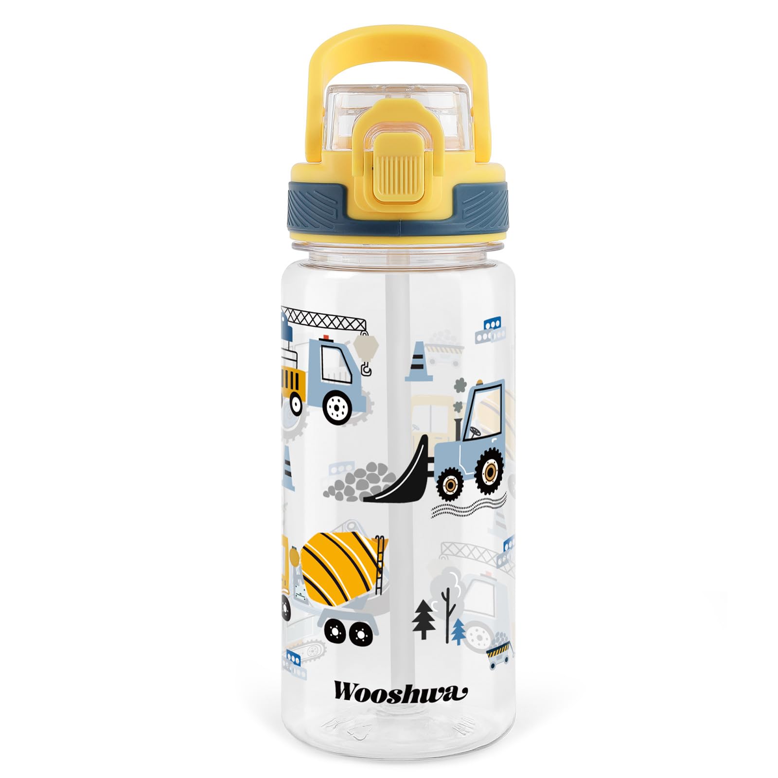 wooshwa Trinkflasche Kinder mit Strohhalm 600ml Auslaufsicher Sport Trinkflaschen Schule Wasserflasche Jungen Mädchen zum Wandern & Fitnessstudio mit Tragegriff BPA-frei - Bagger