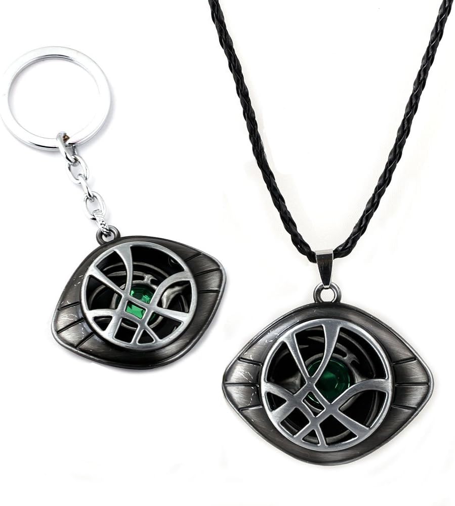Doctor Strange Necklaces & Pendants and Keychain Set -Vintage Dr.Strange Eye Pendant Leather Chain Choker Necklace and Keychain Set (Silver)