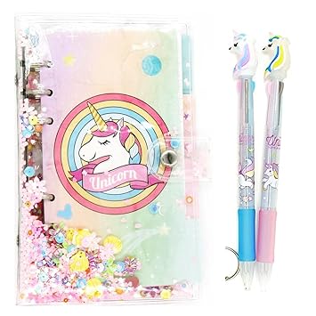 FLAGSQUARE Unicorn Magical Glittery Notebook/Diary with Unicorn Glittery Pen Transparent Unicorn Ball Pen,Blue/Black/Red Pen, Cute Stationary (Unicorn 3IN1 Pen/Dairy Combo)