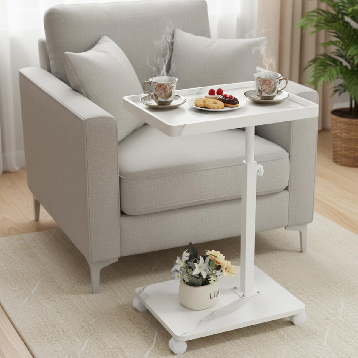 XUDREZ Mesa auxiliar ajustable, mesa pequeña en forma de C con 4 ruedas, bandeja giratoria de 364°, mesa auxiliar para sala de estar, dormitorio, sofá, espacios pequeños