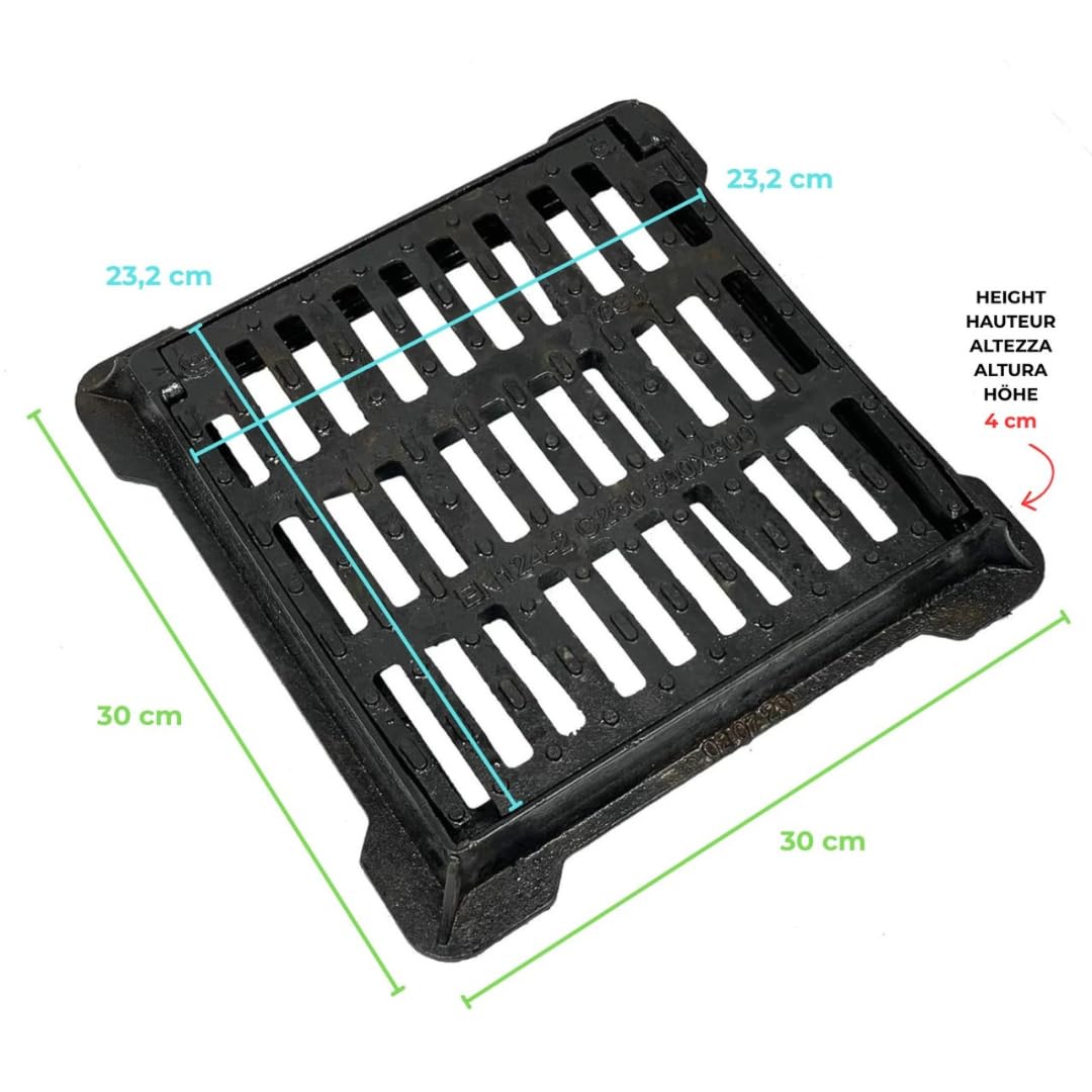 EINSIDE Grille en fonte ductile C250, Grille carré de drenaige concave avec cadre, Équipée d'un système de sécurité avec fermeture à pression, 30 x 30 cm