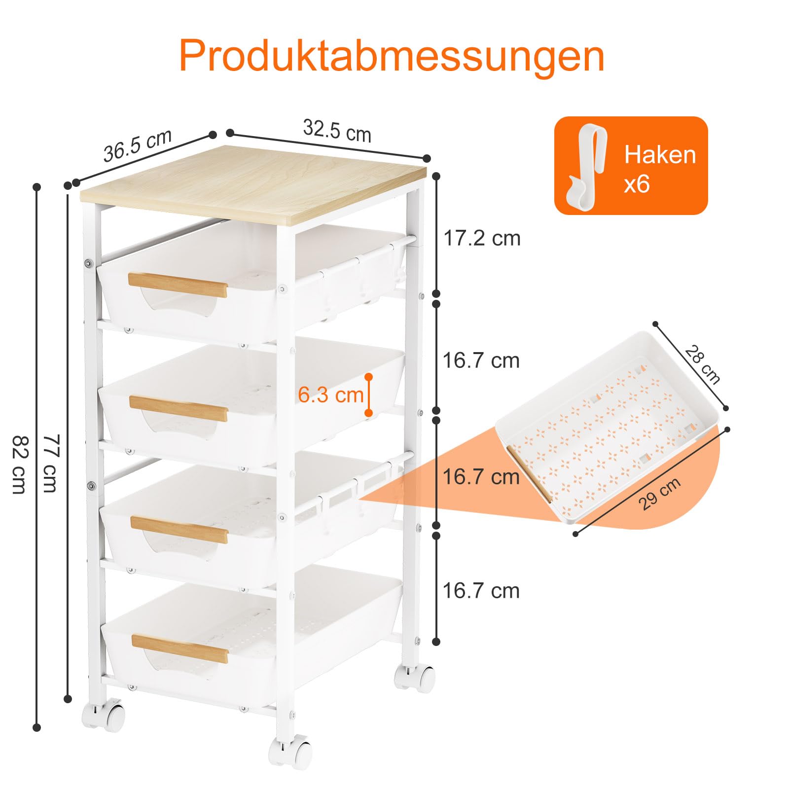 Küchenwagen mit 5 Ebenen & herausnehmbarer Schublade, Aufbewahrungswagen aus Metall mit Holzplatte, belüfteten Körben und Rollen, Snack-Organizer für Obst und Gemüse(32,5x36,5x82 cm, Weiß​​)