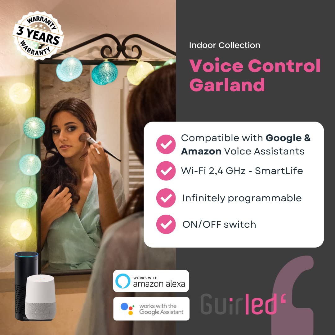 GuirLED - LED Baumwollkugeln Lichterkette WIFI USB - Sprachsteuerung - Connected Home - Amazon Alexa & Google Assistant - 2xUSB-Netzadapter enthalten - 32 Kugeln 3,2m - Horizon