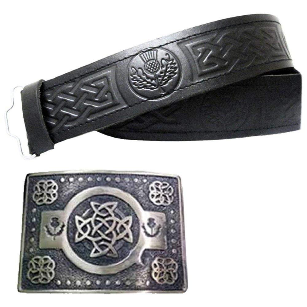 Tidoneam Unisex Antique Finish Kilt Belt With Buckle Celtic Knot Thistle Embossed Real Leather Belts Black (L, )
