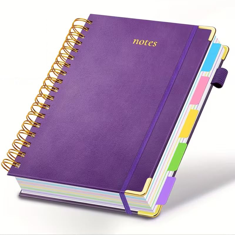 M.J COMFY-LIFE 2026 schedule Premium Leather Hardcover Spiral Notebook with 5 Removable Dividers, 300 Pages B5, 5 Subject Notebook for School Office Meeting Note Taking, Business Gift (Purple)