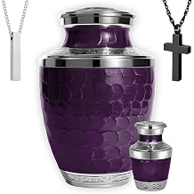 Family Tribute Set of Cremation Urn for Human Ashes Male & Female with 1 Large Urn, 1 Small Keepsake & 1 Silver & 1 Black Cross Necklace- Dark Purple Patch