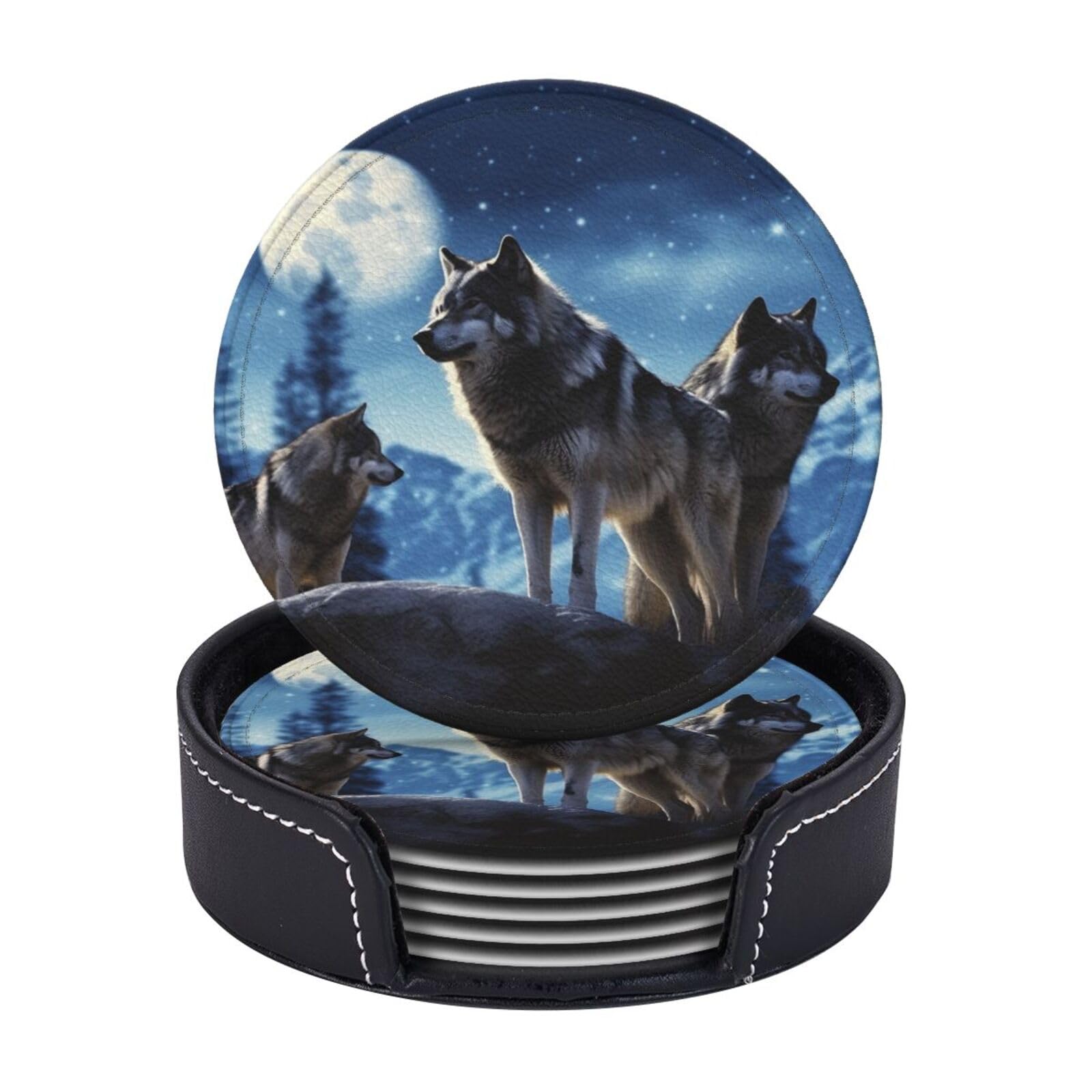 Round Coasters for Drinks Set of 6 - PU Leather Coasters with Holder - Modern Drink Coasters for Coffee Table - Wolfs Coaster for Tabletop Protection 4" Cup Mat Pad