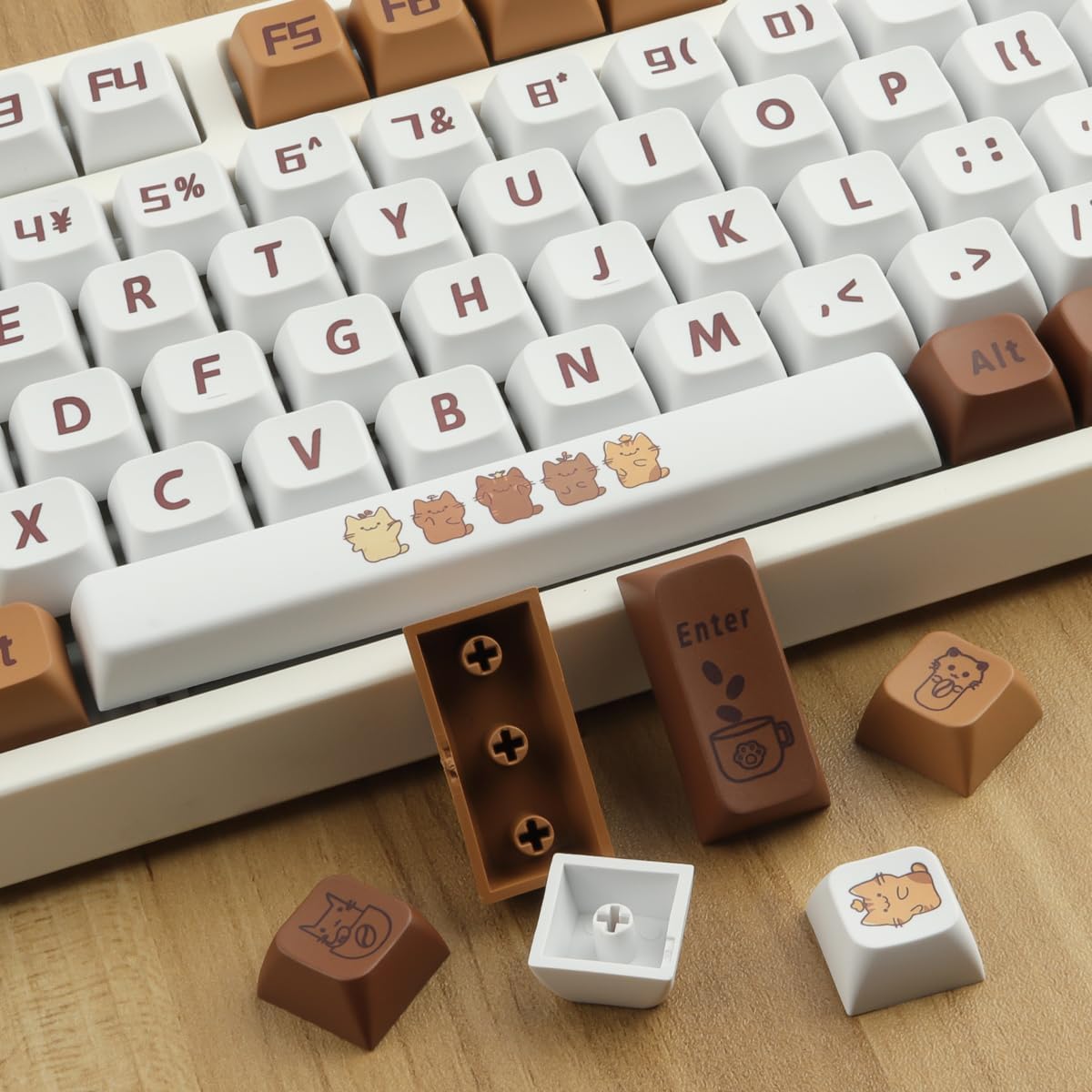Hyekit PBT Keycaps - 129 Keys Cat Coffee Design, Dye-Sublimation, XDA Profile, Custom Keycaps for Cherry Gateron MX Switches Mechanical Keyboards