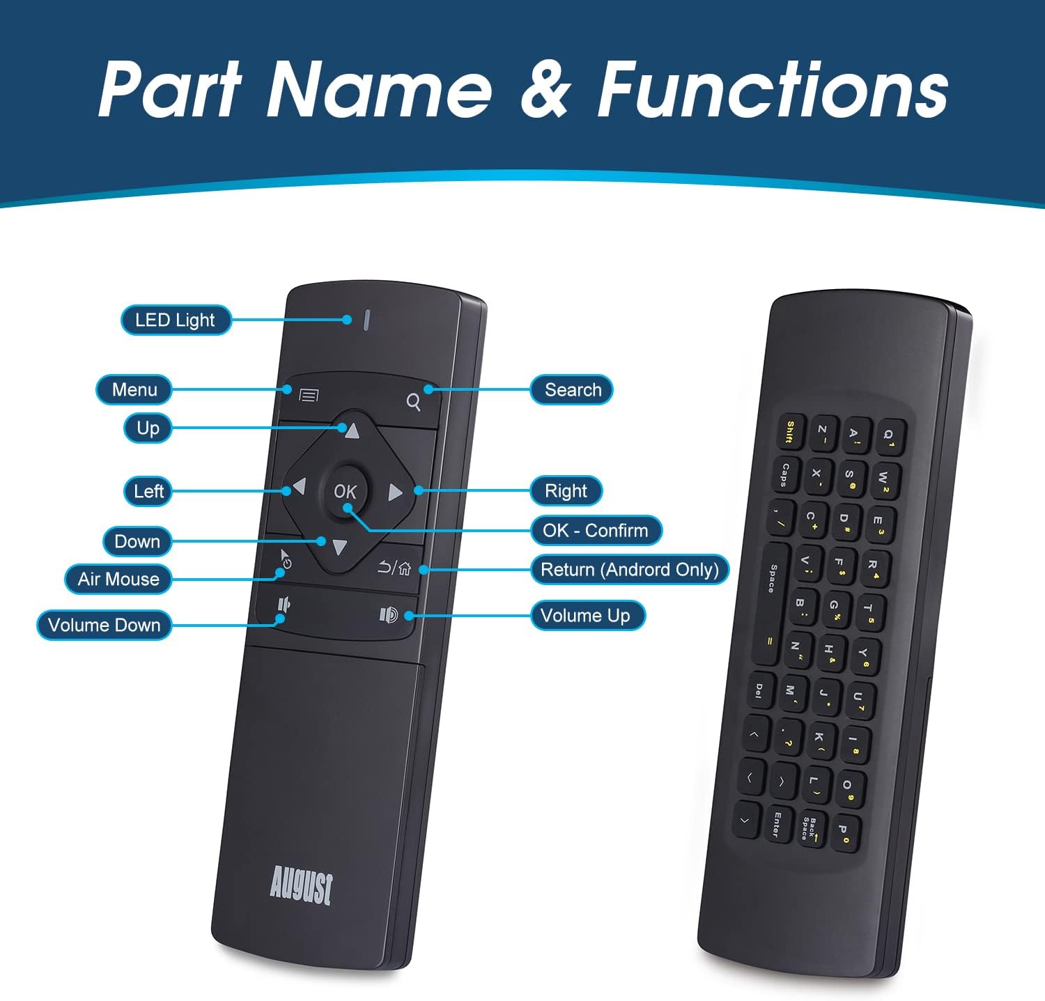 August PCR500 - Air Mouse and Keyboard for Multimedia PCs, iOS and Android TV Boxes - Universal Radio Frequency Remote Control