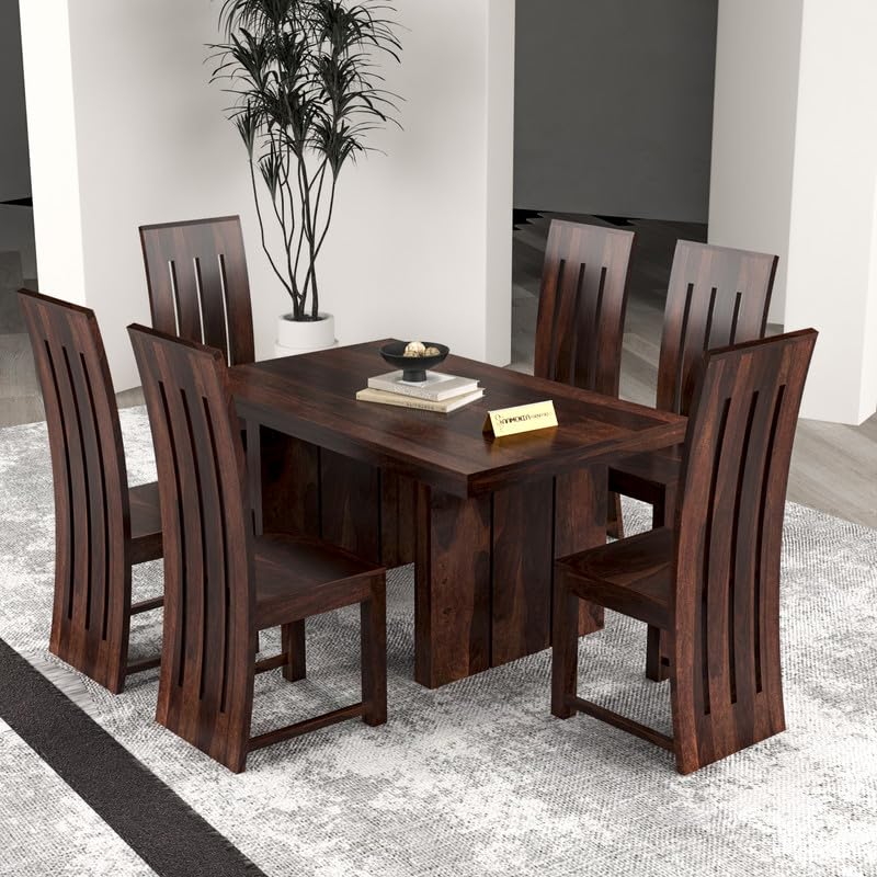 Image of Solid Sheesham Wood Dining Room Sets 6 Seater Dining Table with 6 Chairs for Dining Room, Living Room, Kitchen, Hotel, Restaurant, Cafeteria (Estra, Walnut)