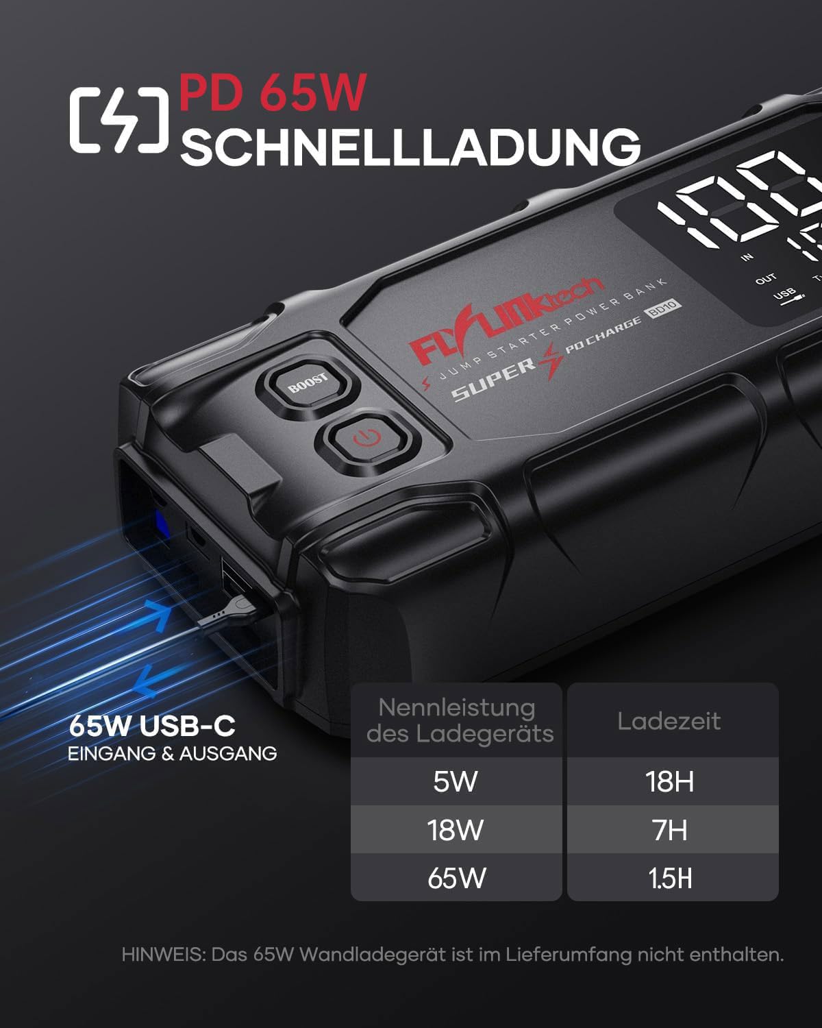 FLYLINKTECH 8000A Auto Starthilfe Powerbank für Pkw für 12V Fahrzeuge | 26800mAh/99.16Wh Starter Powerbank, PD65W USB-C In/Out Schnellladung, 15V/10A DC Ausgang, 3-Modi LED-Licht, LCD-Display