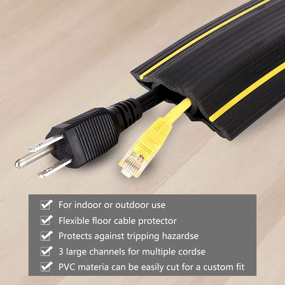 Cubierta de cable de suelo de 20 pies, protector de cable de suelo de 3 canales que contiene cables, cables y cables, perfecto para oficina, hogar, taller, almacén, concierto u otros alrededores al
