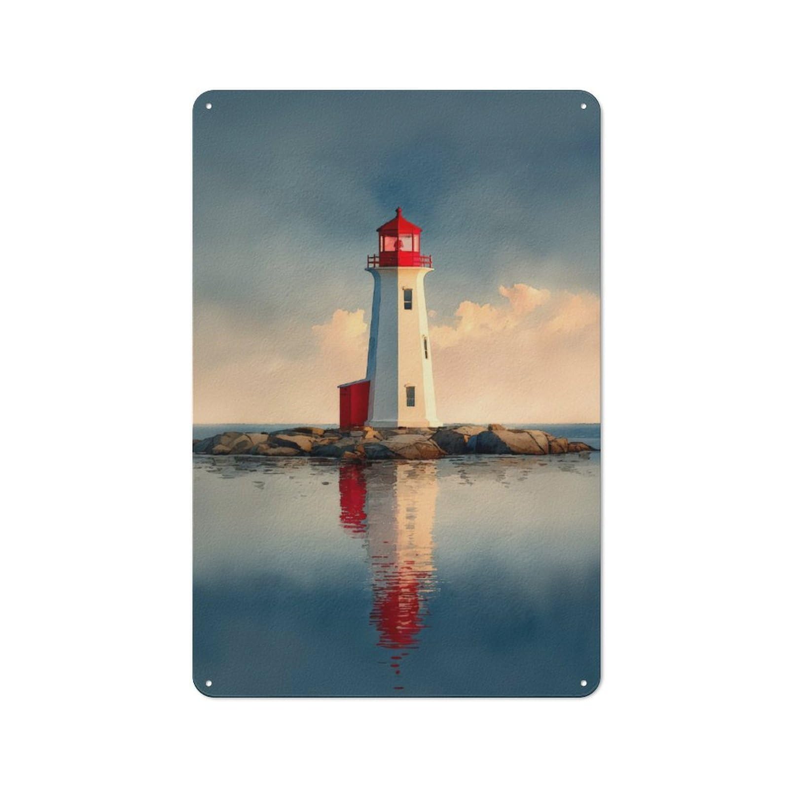 Decorative Metal Plaque with Lighthouse on Rocky Islet Reflected Lighthouse at Sunset Design 30x20cm, Modern Retro Studio Wall Art for Workspace, Cafe, Hallway Or Garage