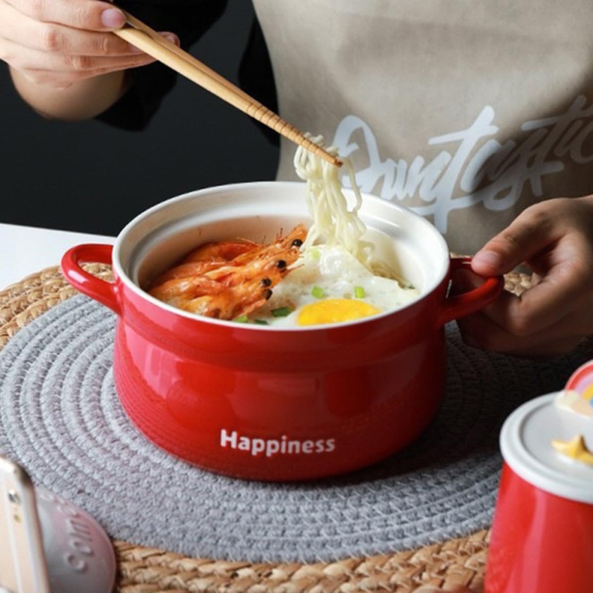 BETOOKY Tazón de Ramen con Tapa de Cerámica Roja, Cuenco para Sopa y Fideos, Diseño Decorativo y Apto para Cocina en Casa y Hoteles