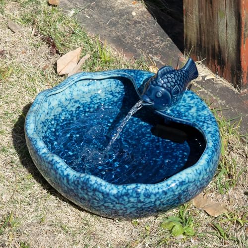 Ceramic Solar Fountain Bird Bath with Battery Backup,Bird Bath for Outside,Bird Bath Bowl for Garden, Patio & Yard Decor,Working at Night for at Least 6 Hours (Koi Fish).