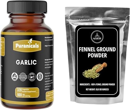 Garlic Capsules and Fennel Powder 5lb Herbal Supplement & Culinary Combo | Easy Daily Use | Non-GMO Ingredients, No Artificial Colors | 320 Capsules | Value Combo Pack