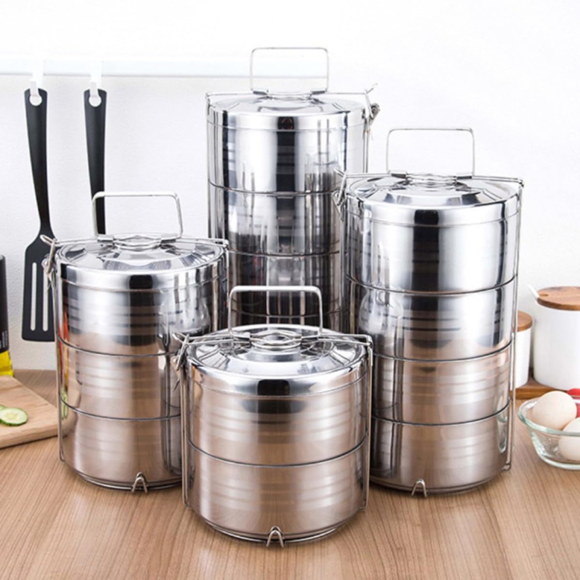 VILLCASE Fiambrera de Acero Inoxidable 4 Niveles, Caja de Almuerzo Térmica que Conserva el Sabor Original y Separa Alimentos, Adecuado para Picnic y Trabajo