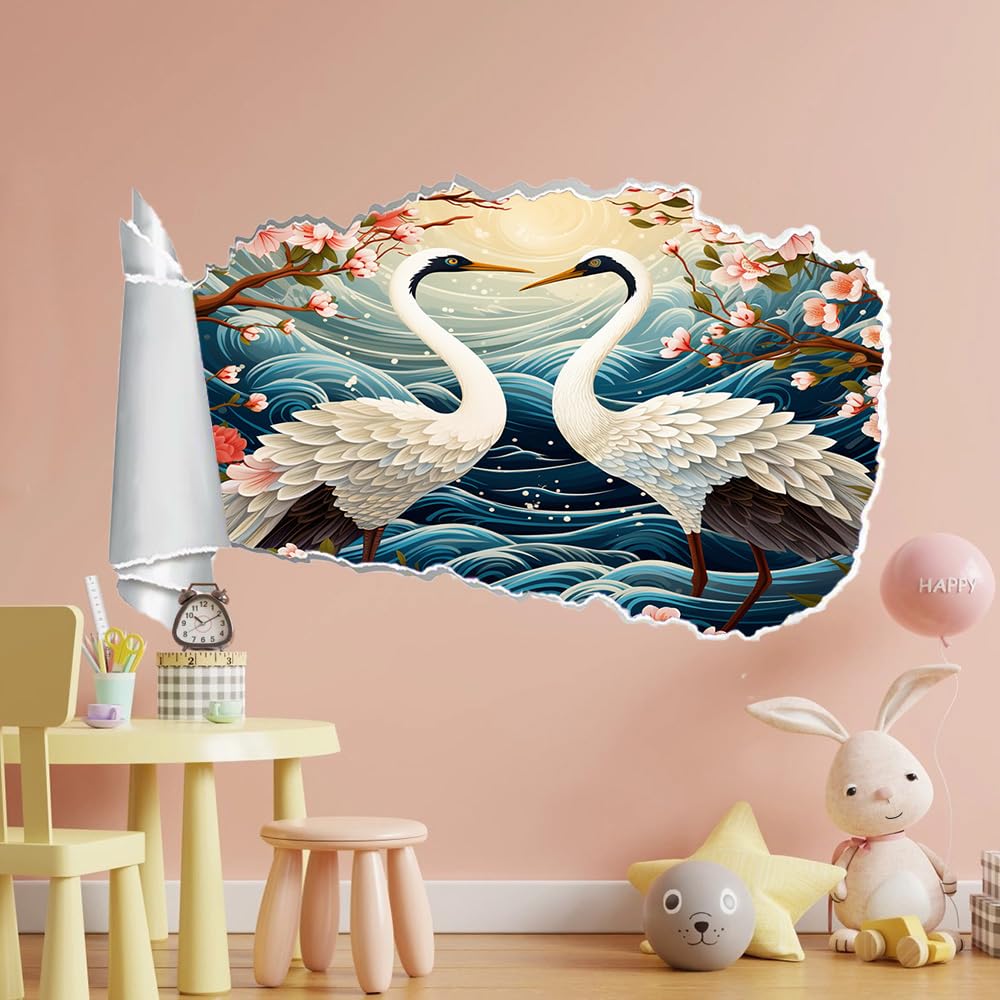 3D Durchbruch Wandtattoo Mädchen Kinderzimmer Kran Wandaufkleber Dekorative Blaue Wellen Wandsticker für Junge Teenager Zimmer Wohnzimmer Schlafzimmer Wandbilder Deko