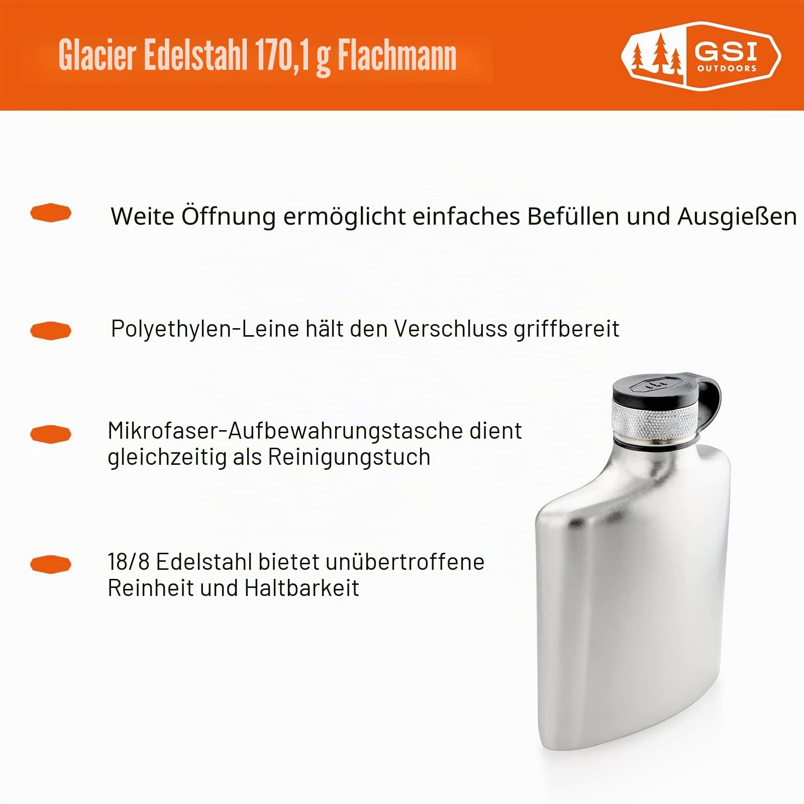 GSI Outdoors Flachmann, Edelstahl gebürstet, 66106