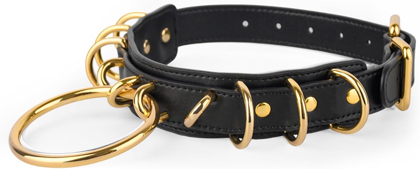 Adjustable Neck Bondage with Round Metal Decor, Wearable and Reusable Neck Collar Belt Adult Sex Toy for Men Women - Gold Metal Decor