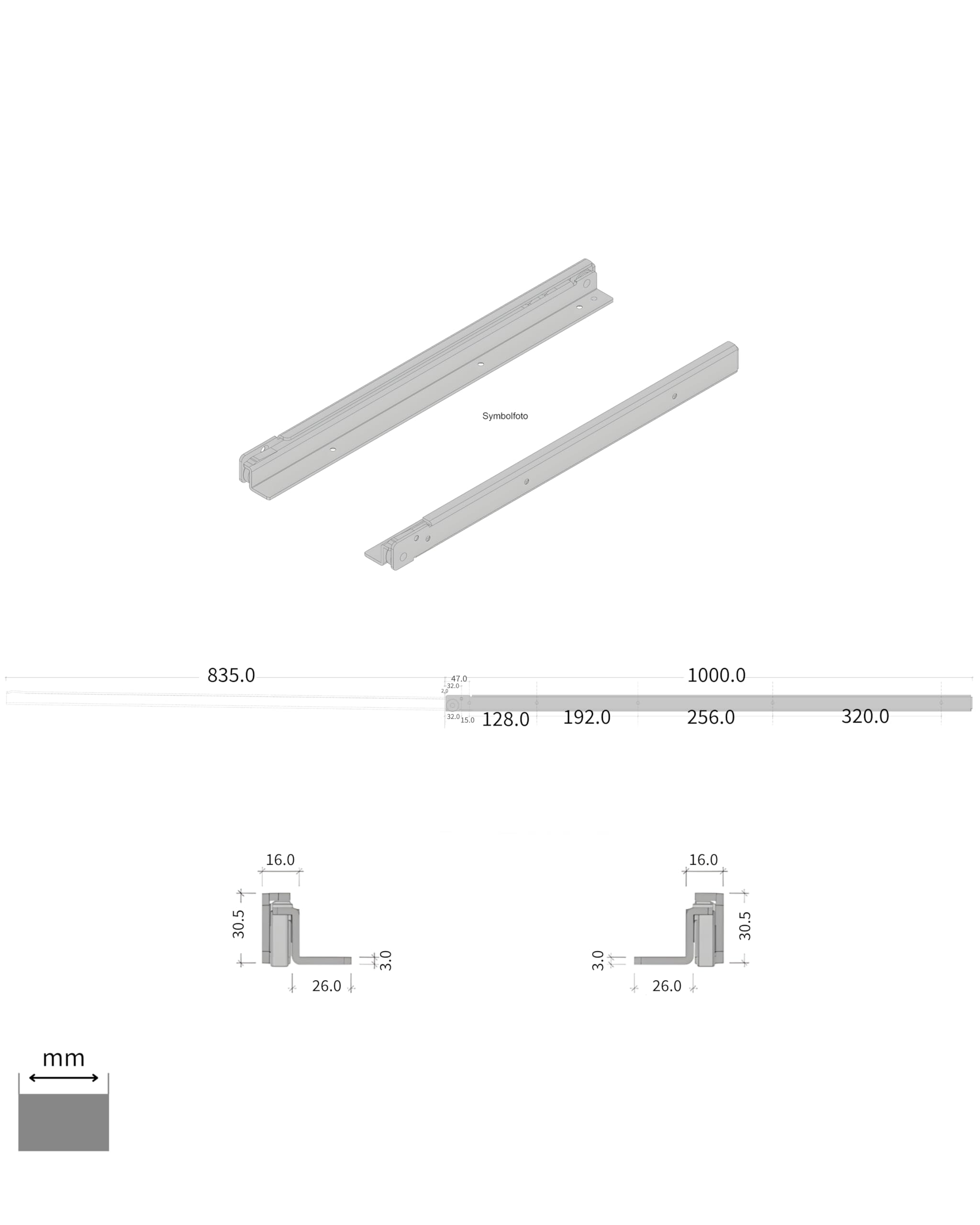 Gedotec Riel de Cajón para Cajones de Cajonera Armarios | Acero Galvanizado | Carga de hasta 100 kg | Guía Corredera Seguro | Extensión de 1000 mm | 835 mm | 1 set