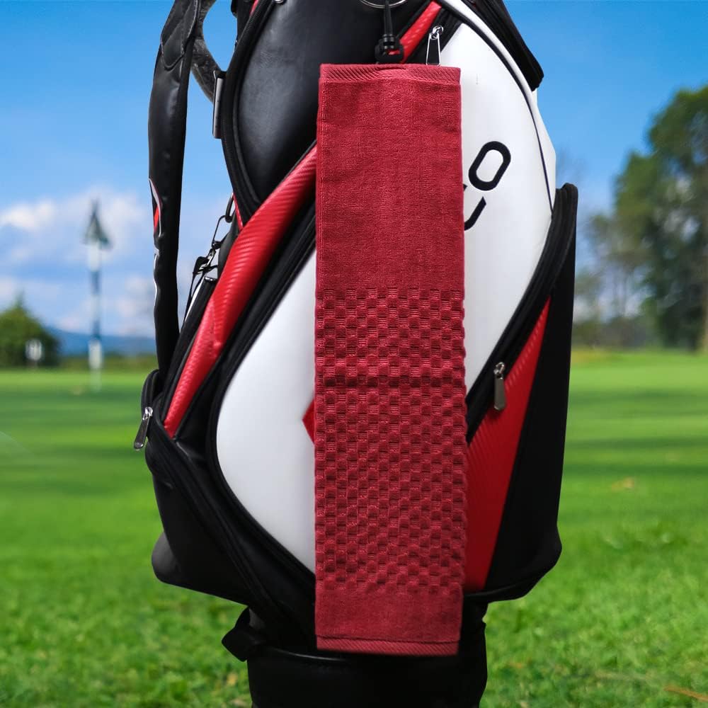 Cotton Golf Towel with Clip - Tri-fold Golf Towel for Men & Women, Checkered Pattern Design (Red) - Image 2
