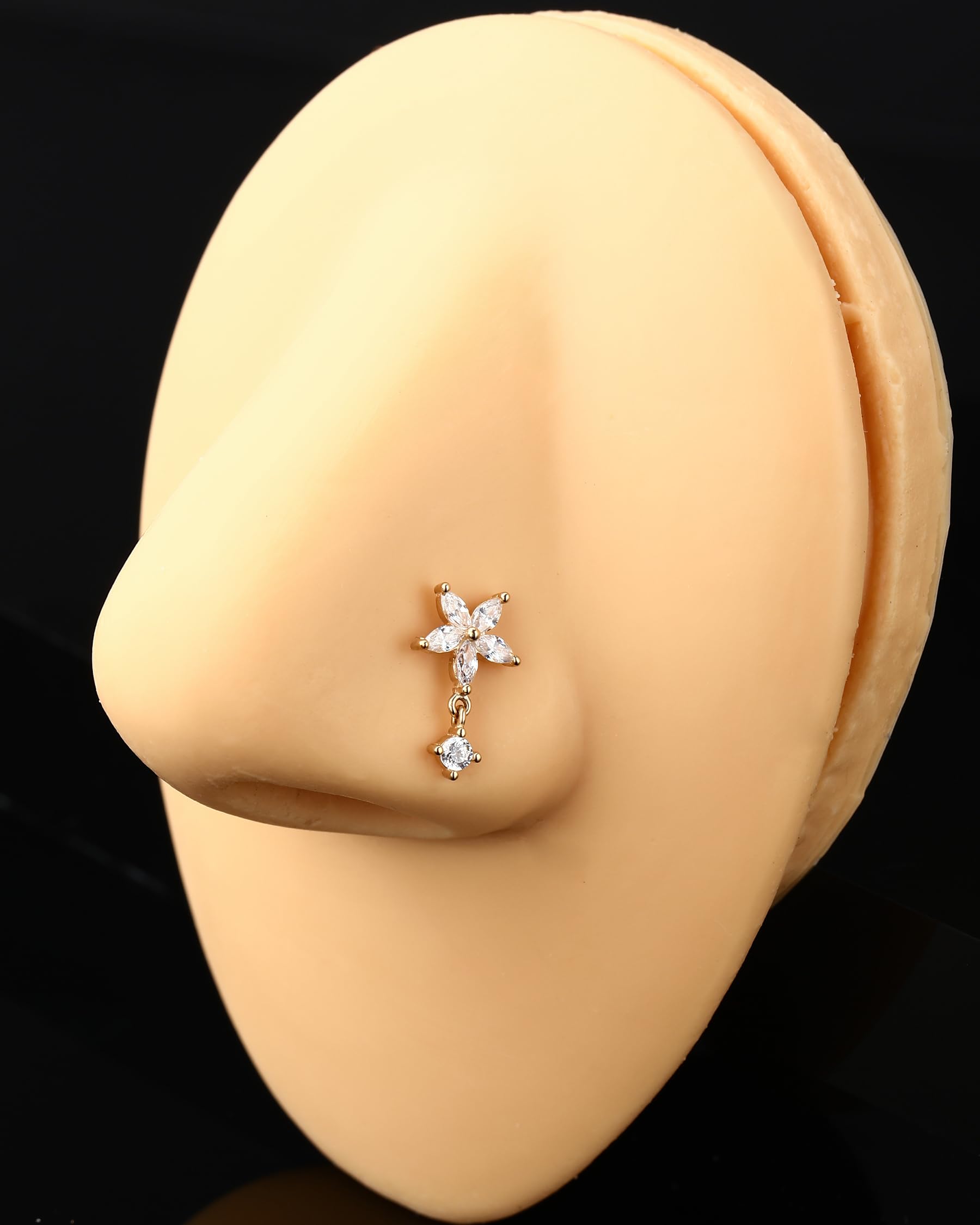 Jewseen 9K Gelbgold Nasenringe 20G Nase Piercing Stud Blume Nasenring L Shaped Dangle Nase Stud CZ Nase Schraube Nase Piercing Schmuck für Frauen Männer
