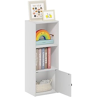 Furinno LUDER Book Shelf, 3-Tier Modern Bookshelf, Bookcase with 1 Door Storage Cabinet, 9.3 x 12 x 31.5, for Living Room, Bedroom, Home Office, White