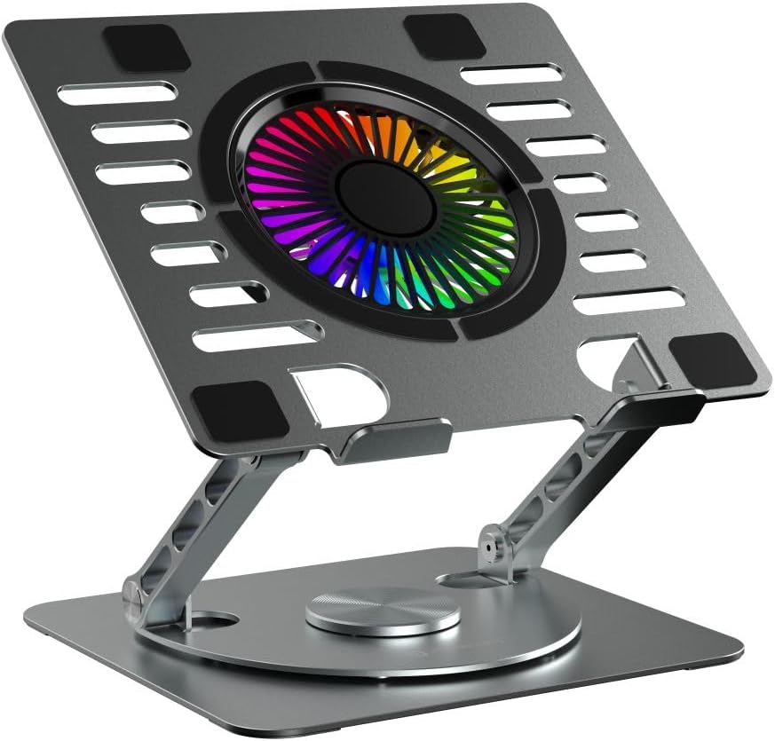 Portronics My Buddy Spinlight Laptop Stand with Cooling Fan, 360° Rotating Base, Adjustable Height & Angle, RGB Lights, Aluminium Alloy Body for Upto 15.6” Laptops and Tablets (Silver)