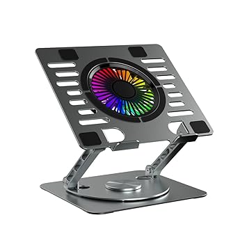 Portronics My Buddy Spinlight Laptop Stand with Cooling Fan, 360° Rotating Base, Adjustable Height & Angle, RGB Lights, Aluminium Alloy Body for Upto 15.6” Laptops and Tablets (Silver) - image, photos