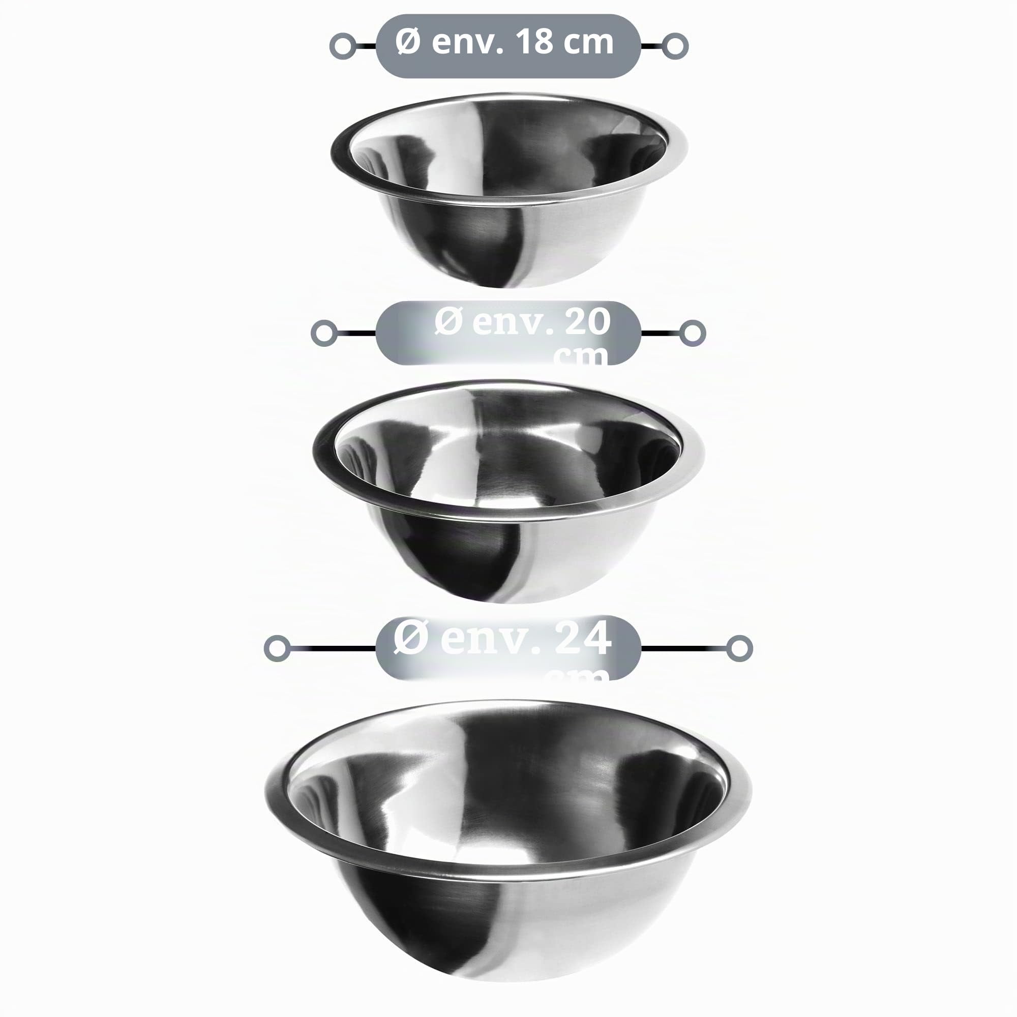Ensemble de bols en acier inoxydable 3 pièces saladier bol à mélanger 18/20/24cm