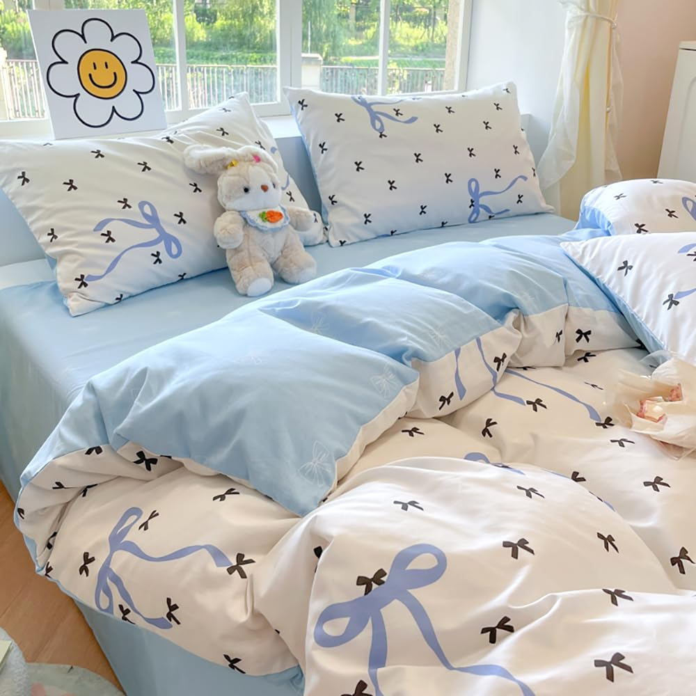 Nyescasa White Blue Bow Duvet Cover King Bows Bowknot Print Kawaii Bedding Set Girls Cute Black Bow Tie Reversible Microfibre Comforter Cover 220x230 cm with Zipper Closure and 2 Pillowcases 50x75 cm
