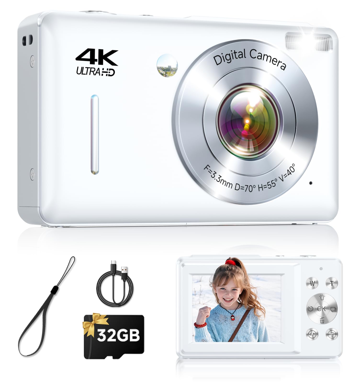 Digital Camera, 44MP FHD 1080P Point and Shoot Digital Camera with Anti Shake, Small Digital Camera with Face Detect, 32GB SD Card, 16X Zoom Camera for Kids, Teens, Boys, Girls White