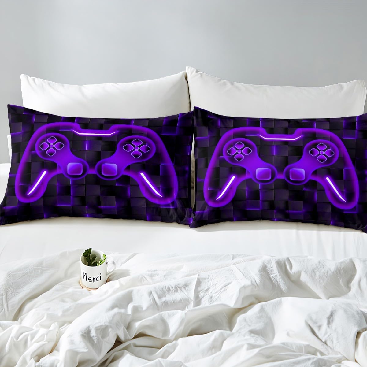Gaming Boys Bed Sheets Queen for Kids Video Games Fitted Sheet Geometric Honeycomb Bed Set Purple Gamepad Bedding Sets Gaming Action Buttons Beddings