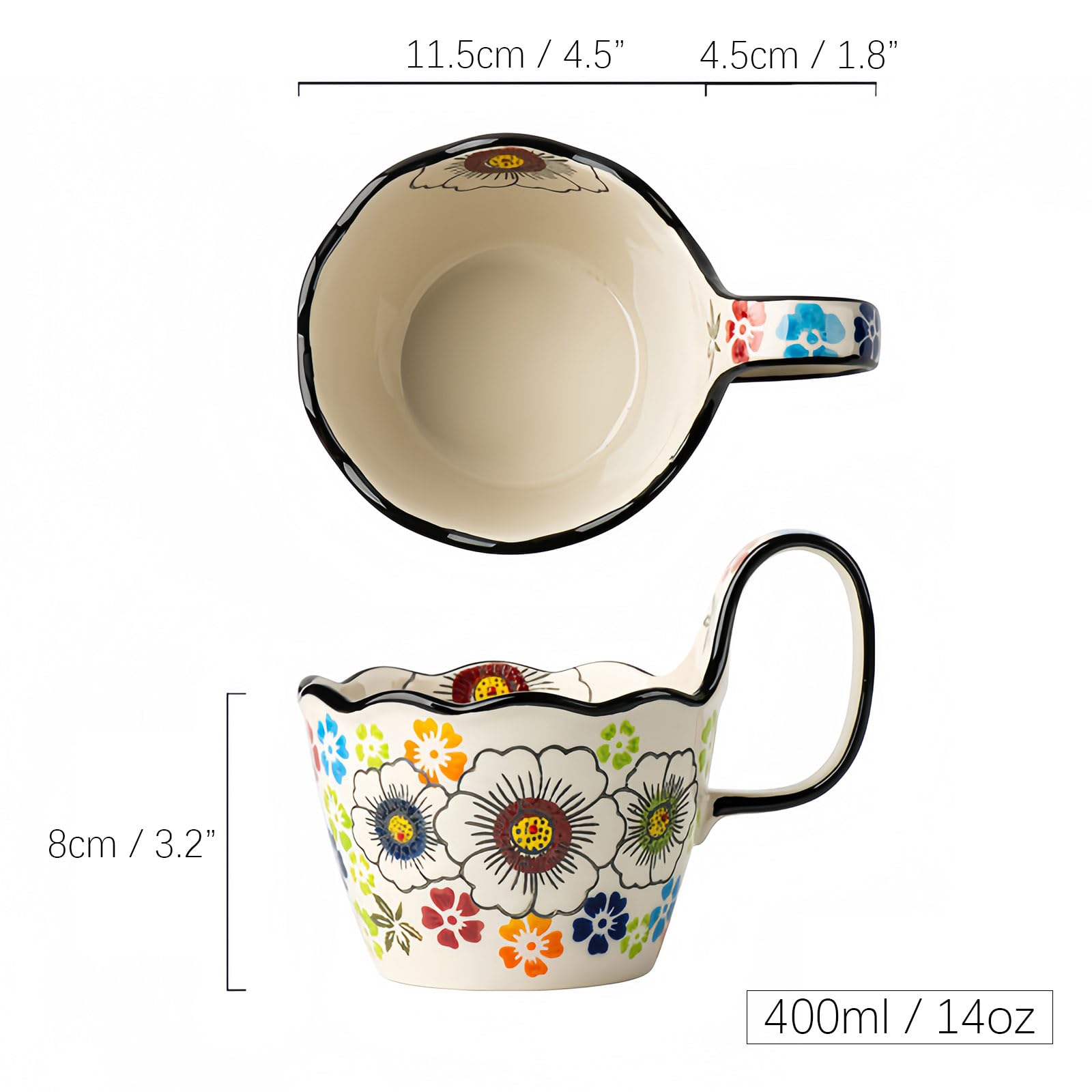 Ciotola da zuppa in ceramica, ciotola per microonde, piccola tazza da 400 ml (Flower-D, 400 ml)
