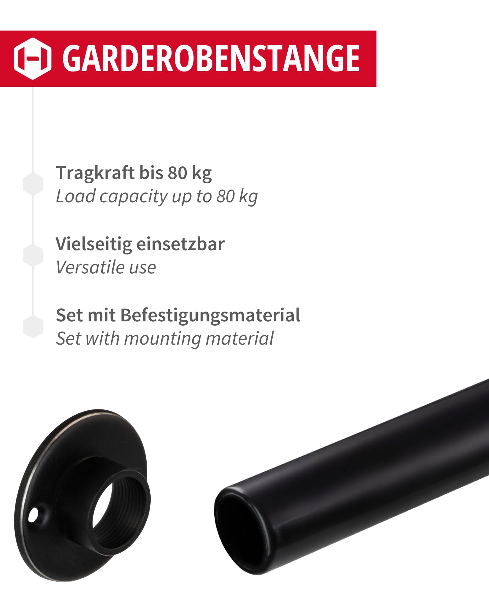Gedotec Kleiderstange Wandmontage rund | 1 Set Garderobenstange mit 2 Stk Schrankrohrlager Schwarz matt | POLE | Möbelrohr Stahl 1000 mm Länge Ø 25mm - 60 kg Tragkraft | Kleiderstange Wand