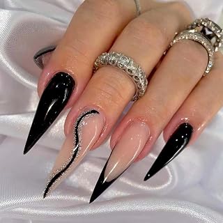Stiletto Press on Nails Long Black fake on Nails with Bling Curved Line Designs Classy French Tip Fake Nails for Women Wedding Acrylic Full Cover Manicure False Stick on Nails 24 Pcs