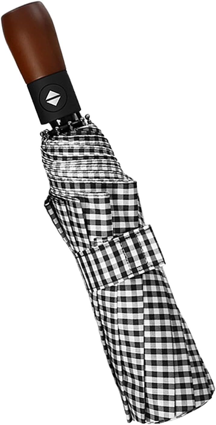pistro Automatic Folding Umbrella with Strong Wooden Handle for Business Use Plaid Pattern 10 Rib Alloy Frame 41.34x24.41 Inch