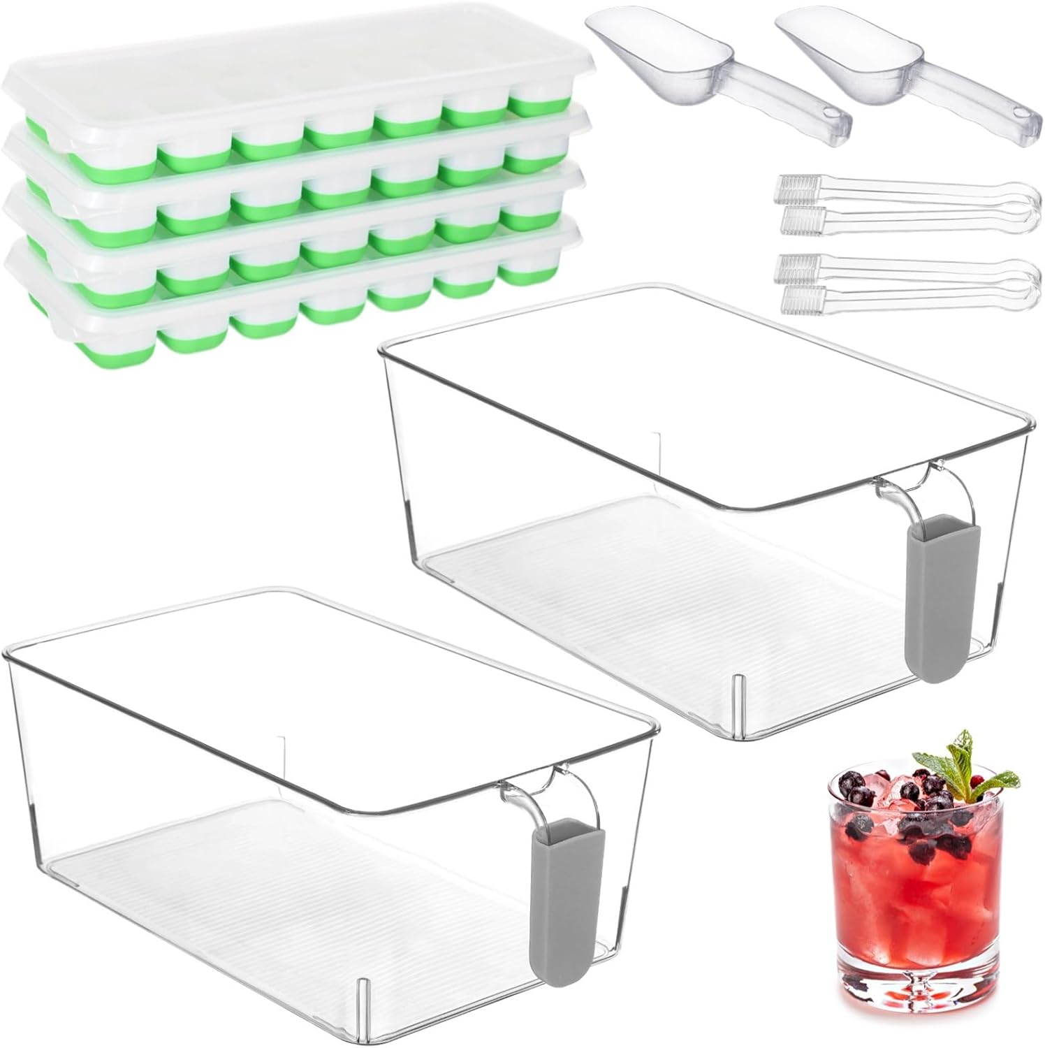 10 Count Freezer Ice Bin Set, Clear Plastic Ice Tube Tray With Scoop & Tongs, Ice Bucket With Convenient Pull-Out Handle For Diy Drink Preparation
