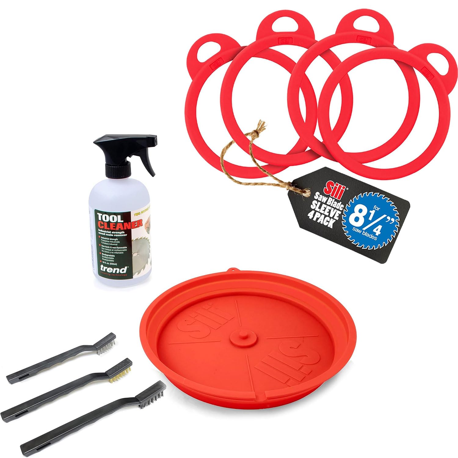 8.25" Sili Sleeve Silicone Saw Blade Covers (4 Pack) & Sili Saw Blade Cleaning Kit with Trend CLEAN/500 Tool Cleaner and Wire Brush Set