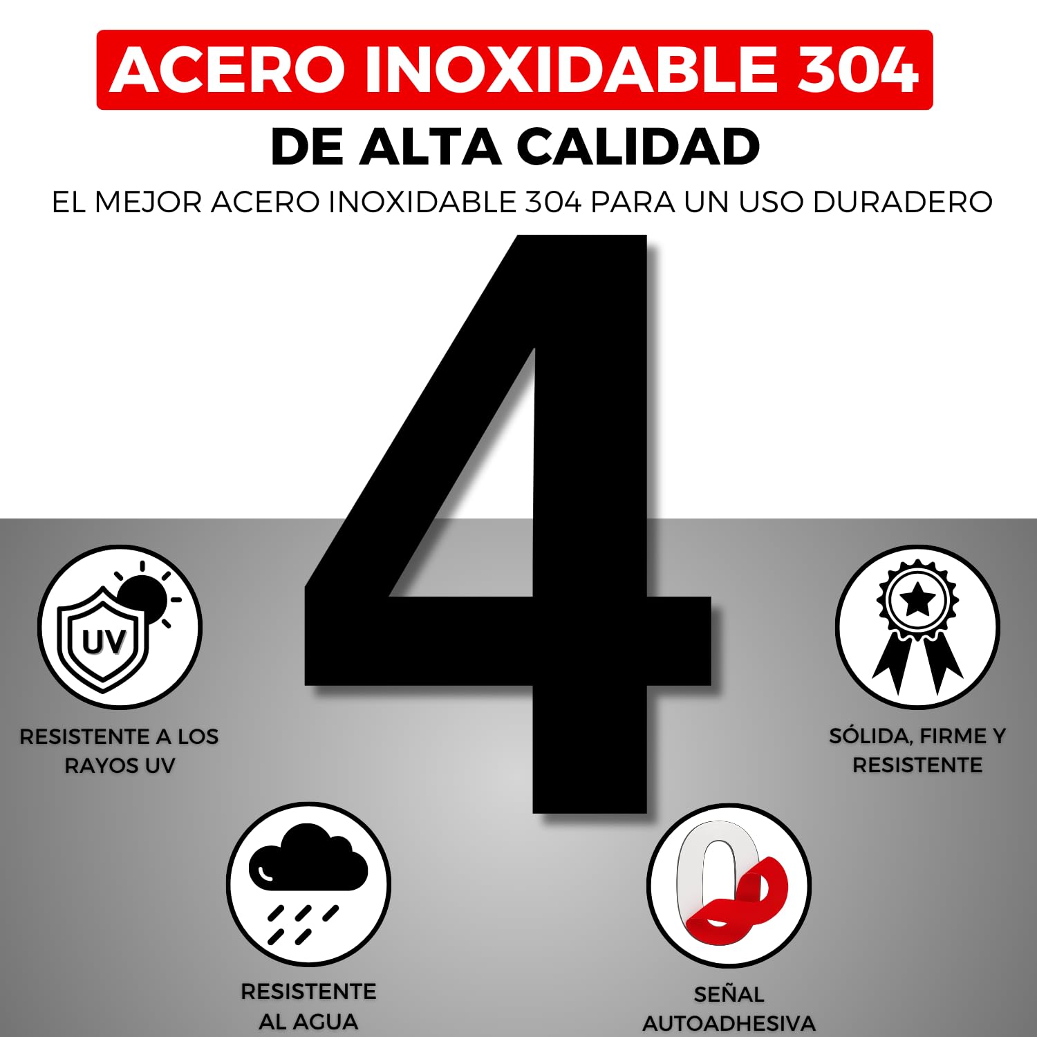 Numero Adesivo da Casa - 150 mm - Acciaio Inossidabile 304 - N° 4 - Numero per Appartamento/Hotel - Numerazione Porte - Numero Civico - Per Esterno e Interno - Numero 4 (4, 150 mm)