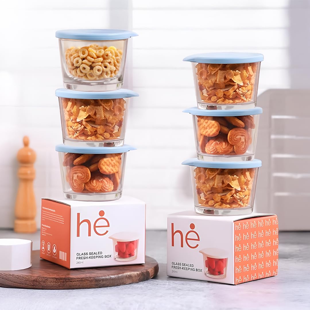 HomeEssentials Glass Containers with Lid - 260ml Leak-Proof Glass Sealed Jar with Lid|Food Grade Ideal for Kitchen,Refrigerator,Storage,Fresh-Keeping,Storage,Milk,Fruit,Coffee (Pack of 6) Transparent