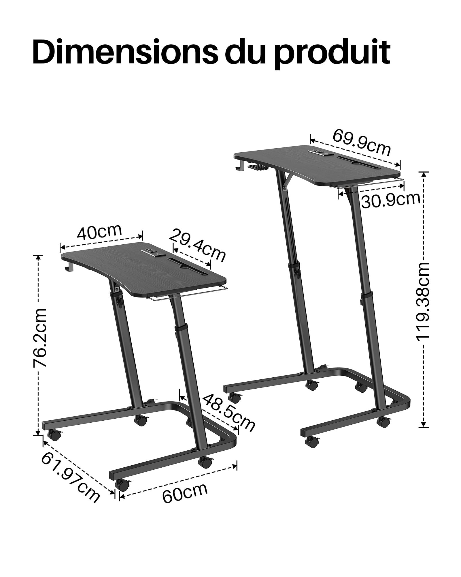 Table d'entraînement à roulettes pour vélo avec hauteur réglable et roulettes, table de chevet et table pour ordinateur portable, table d'appoint réglable en hauteur pour vélo d'intérieur et tapis de